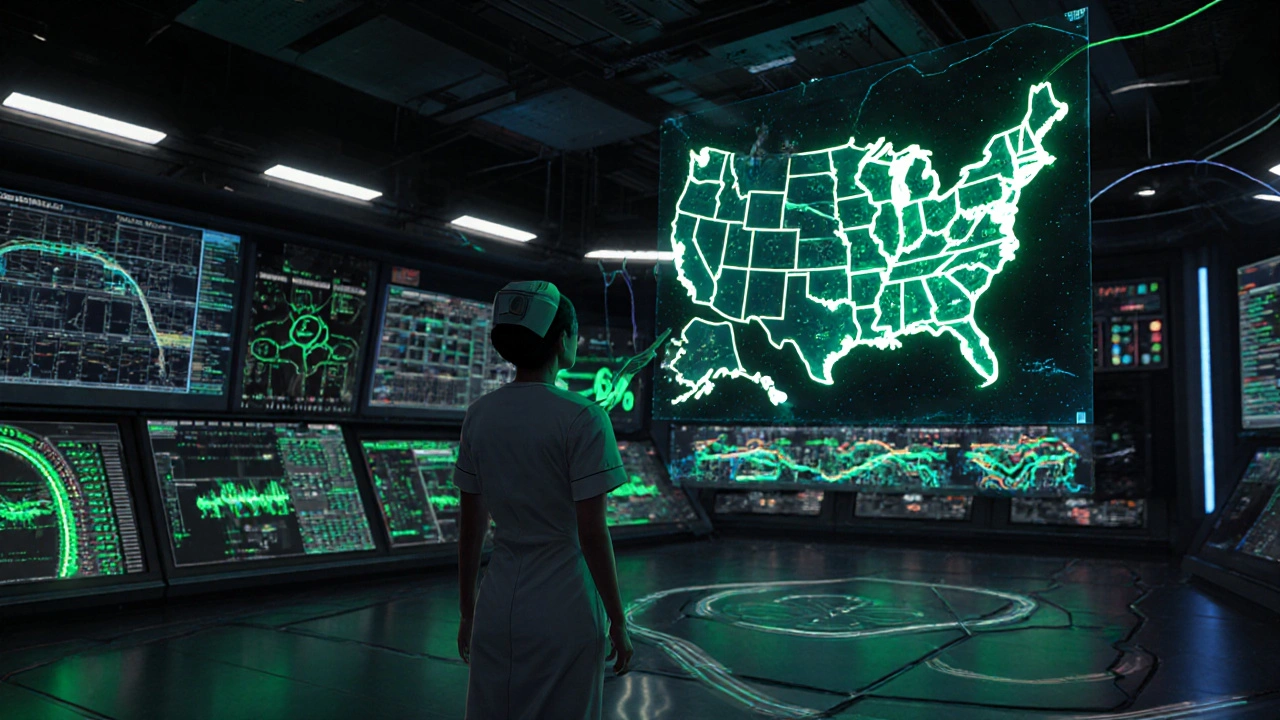 A nurse points to a holographic human body with pharmacogenomic data streams, surrounded by state-by-state substitution rate dashboards.