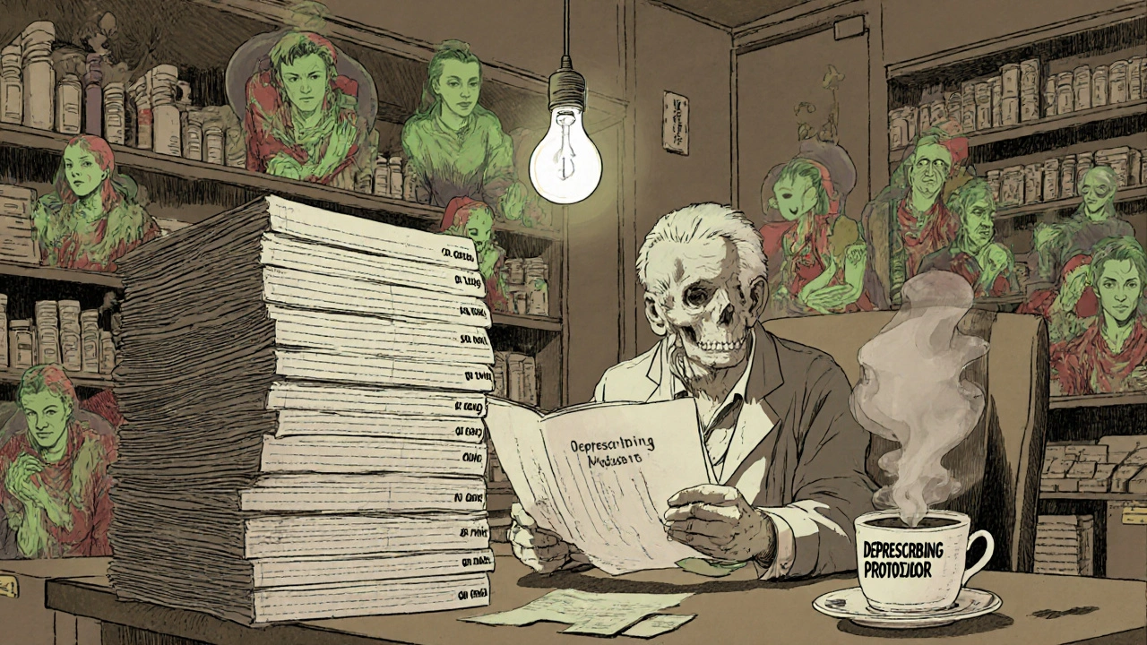 A pharmacist reviewing medication charts under a dim light, ghostly symptoms rising from pills in a quiet clinic.