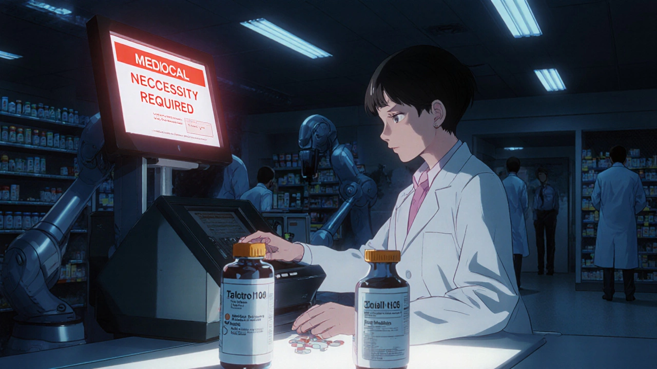 A pharmacist scans a prescription in a high-tech pharmacy, with brand and generic pill bottles side by side under cold fluorescent light.