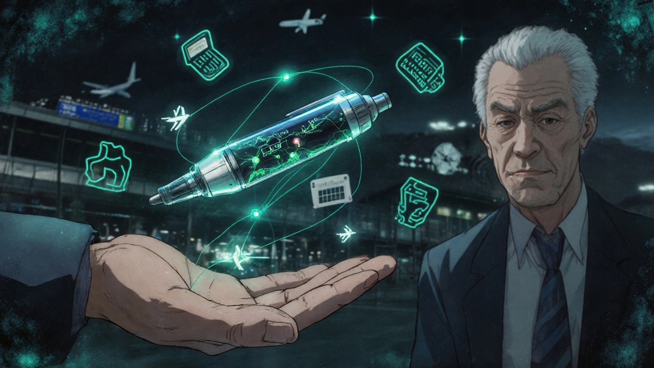 A smart insulin pen projecting a flight path with automated dose adjustments, surrounded by medical gear, as an older man watches in confusion.