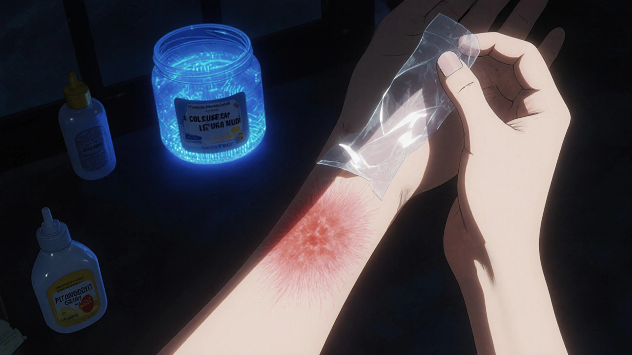 A teenager applying silicone gel sheets to a raised scar under dim lamplight.