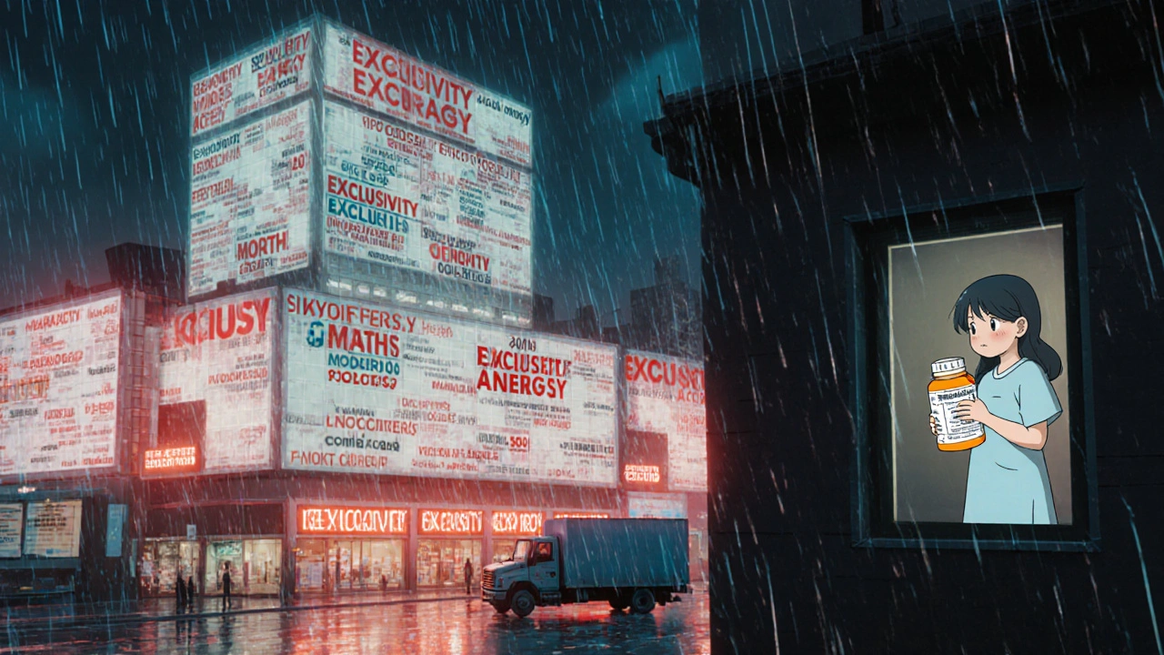 A towering FDA building blocks generic drugs with a glowing exclusivity wall, a child holds a labeled medicine bottle.