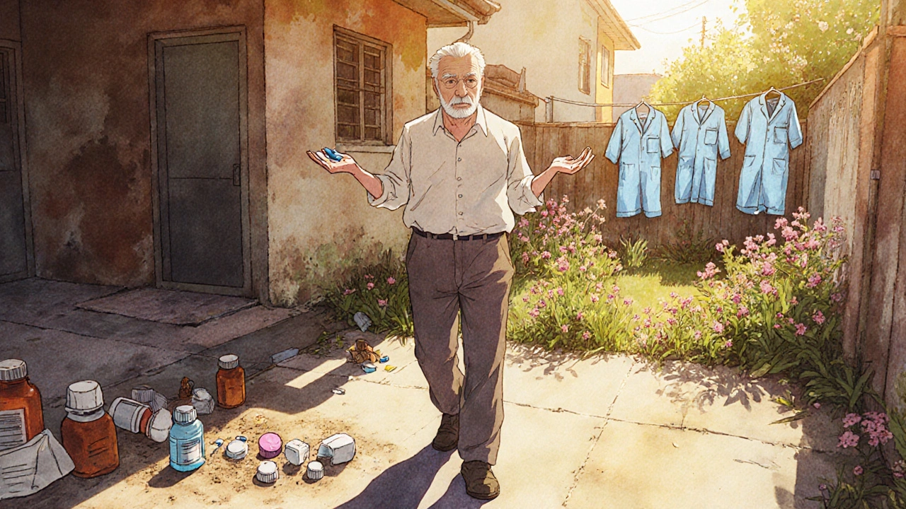 An older man holding few pills in sunlight, discarded bottles crumbling behind him as he walks toward a garden.