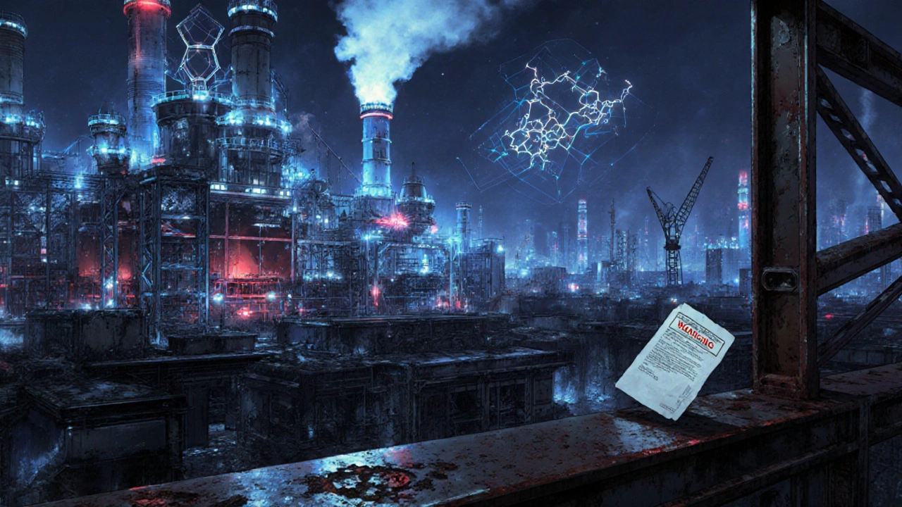 Chinese pharmaceutical plant at night with glowing reactors and holographic biologic molecules.