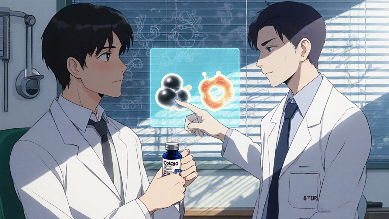 Doctor and patient reviewing statin types via hologram, CoQ10 bottle on table.