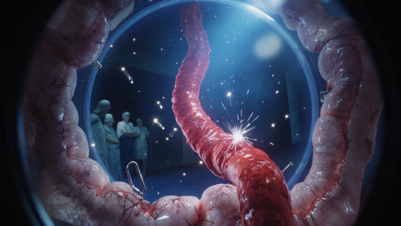 Endoscopic view of bleeding angiodysplasia vessel with plasma sparks and metallic clips in colon.