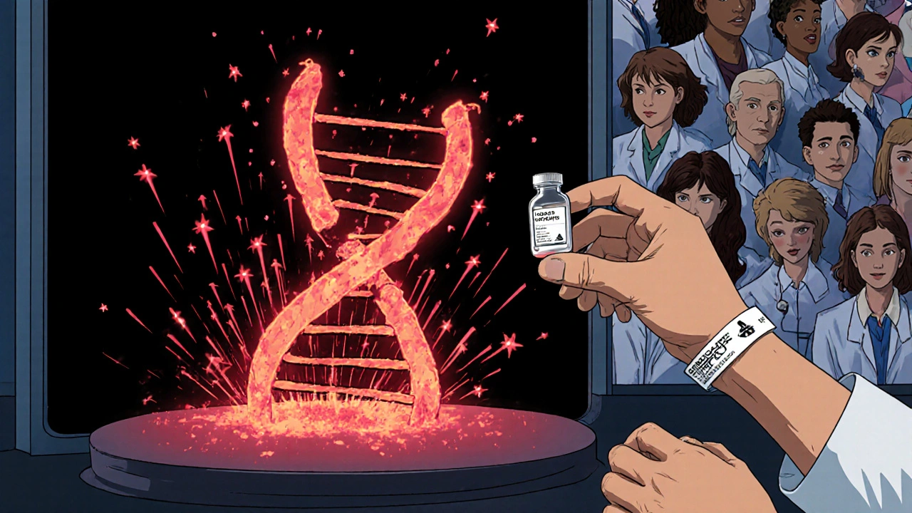 Genetic mutation glowing red as antibiotics attack, with patient faces fading into static in the background.