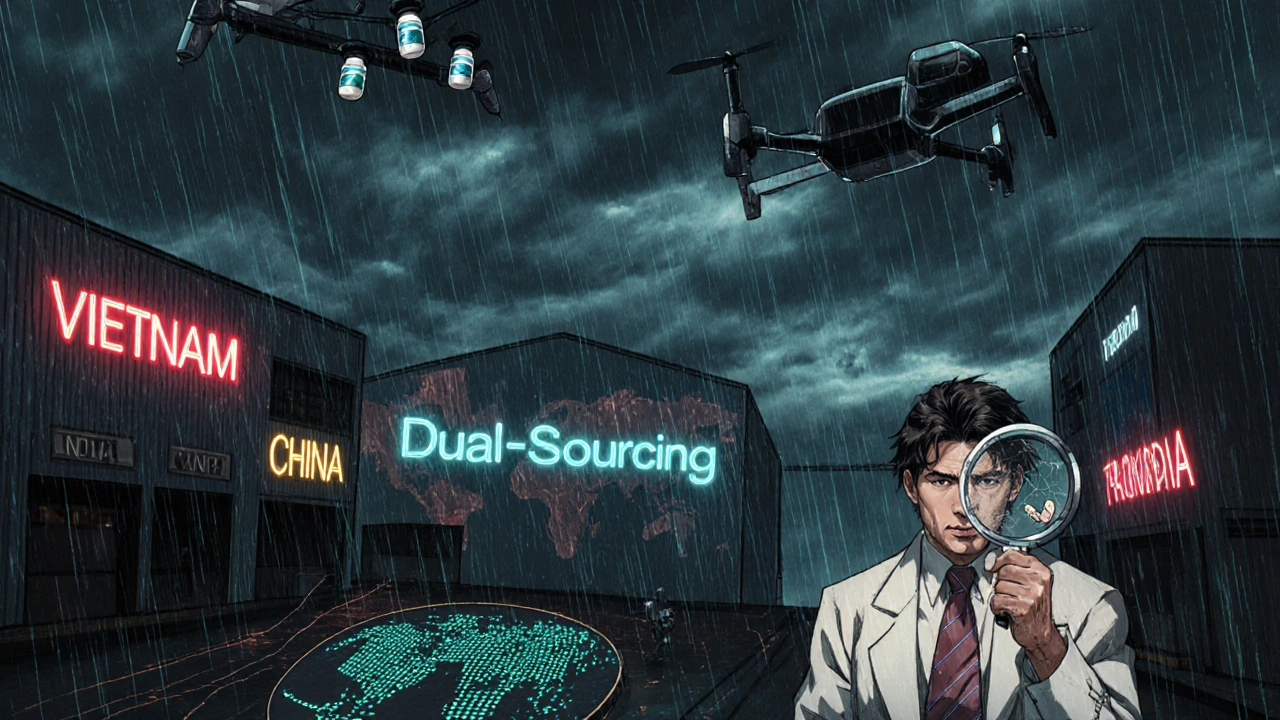 Global supply chain junction with drones transporting medicine between Asian nations under stormy skies.