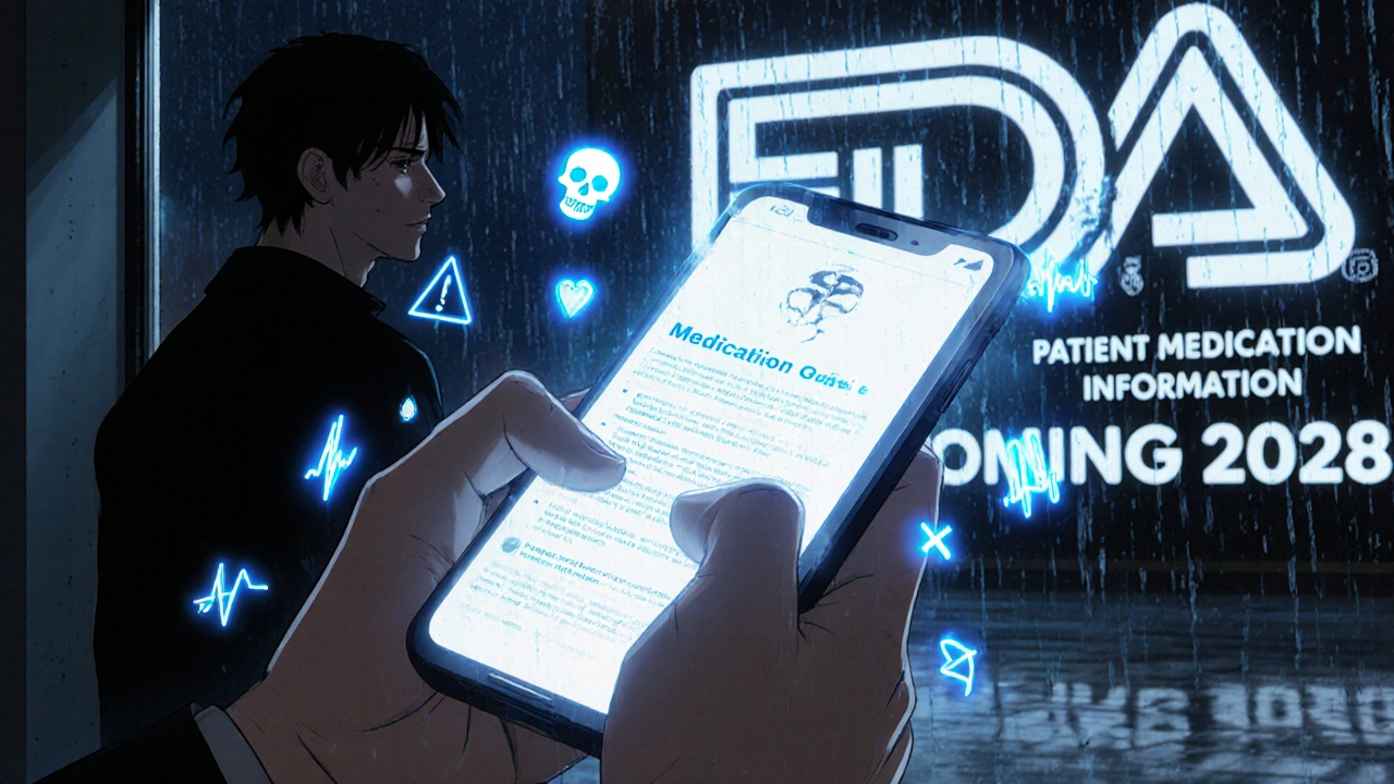 Hand scrolling a holographic FDA medication guide with medical warning symbols glowing in the air.