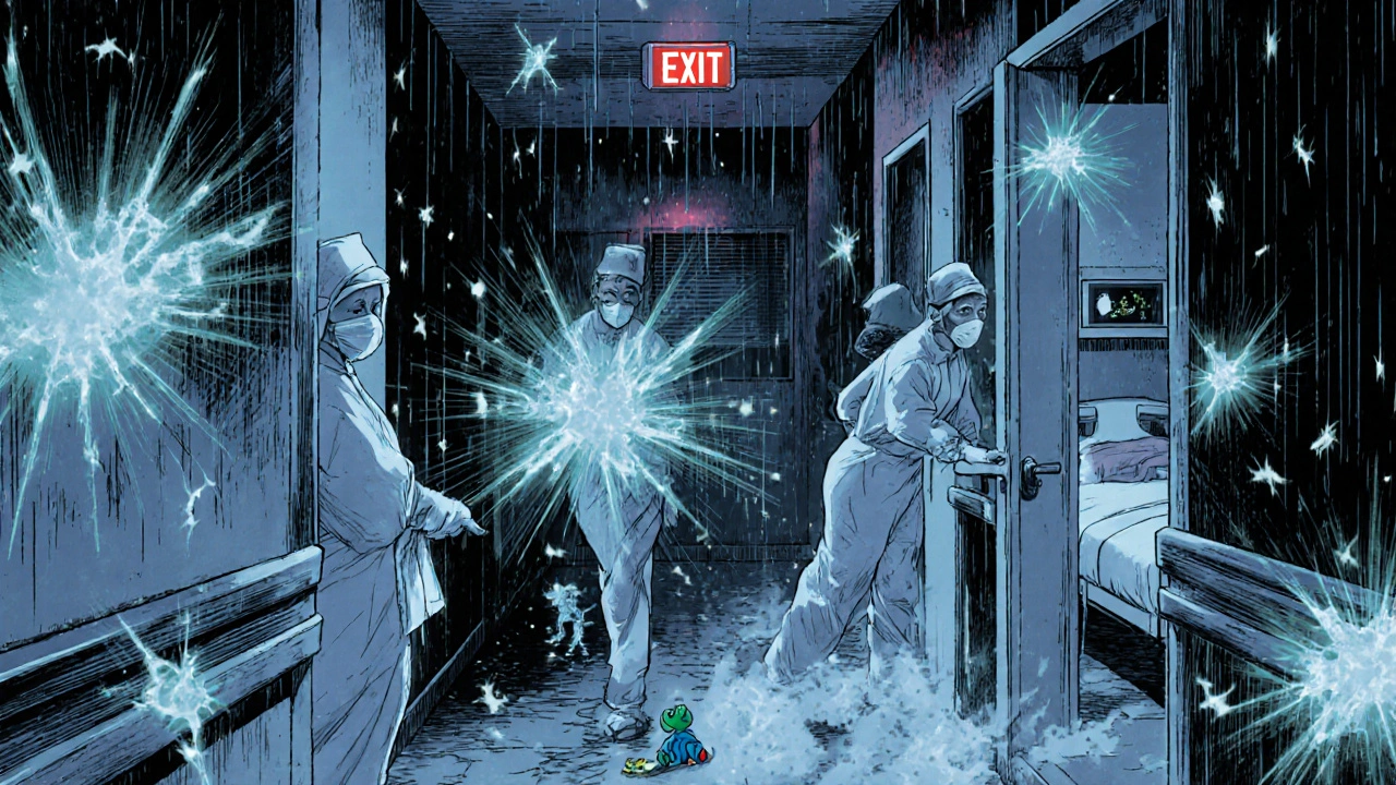 Hospital corridor with nurses cleaning surfaces as glowing C. diff spores float in the air, rain on window.