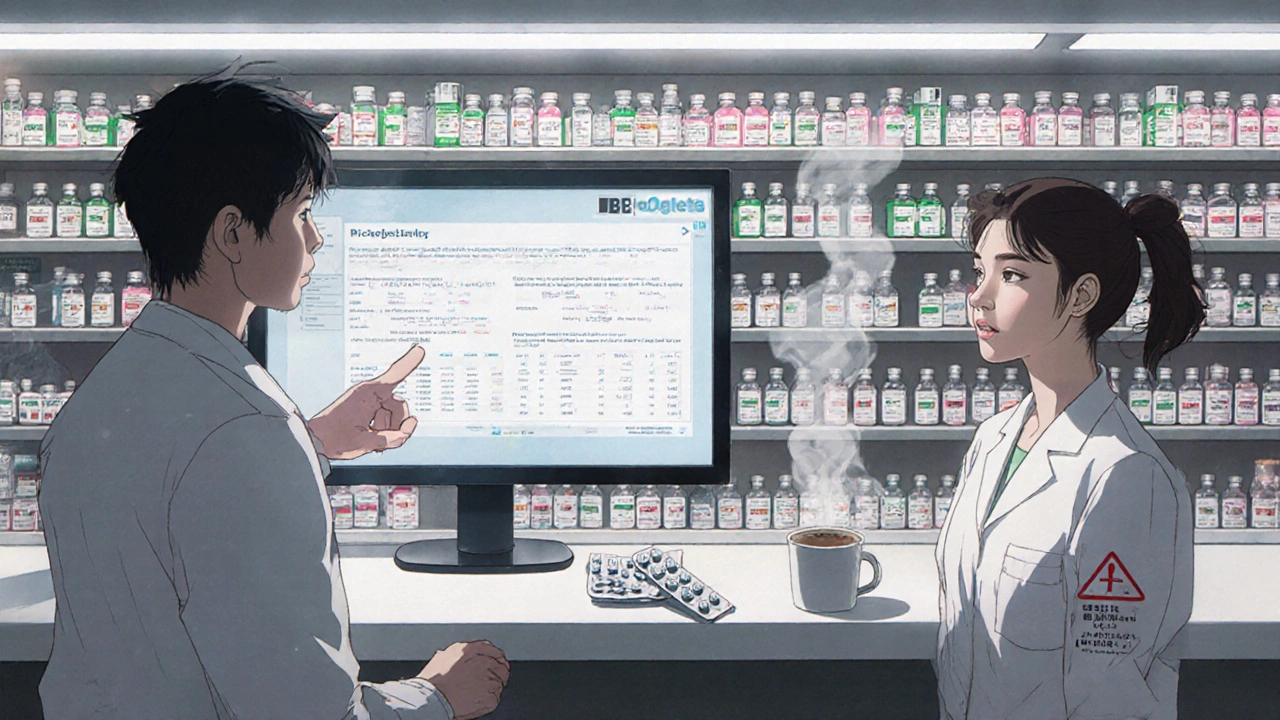 Pharmacy counter with multicolored generic pills, pharmacist pointing to digital data, fluorescent lighting.