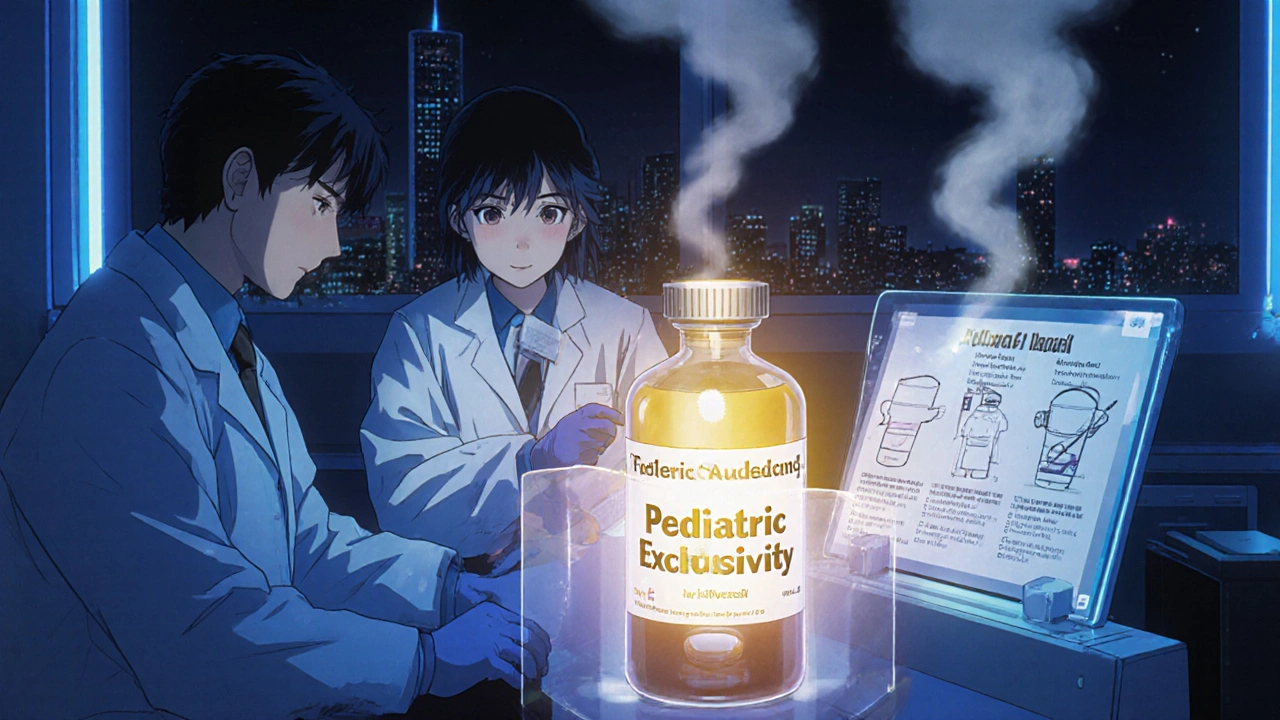 Scientists in a neon-lit lab studying child dosage charts, with a glowing vial affecting three drug forms.