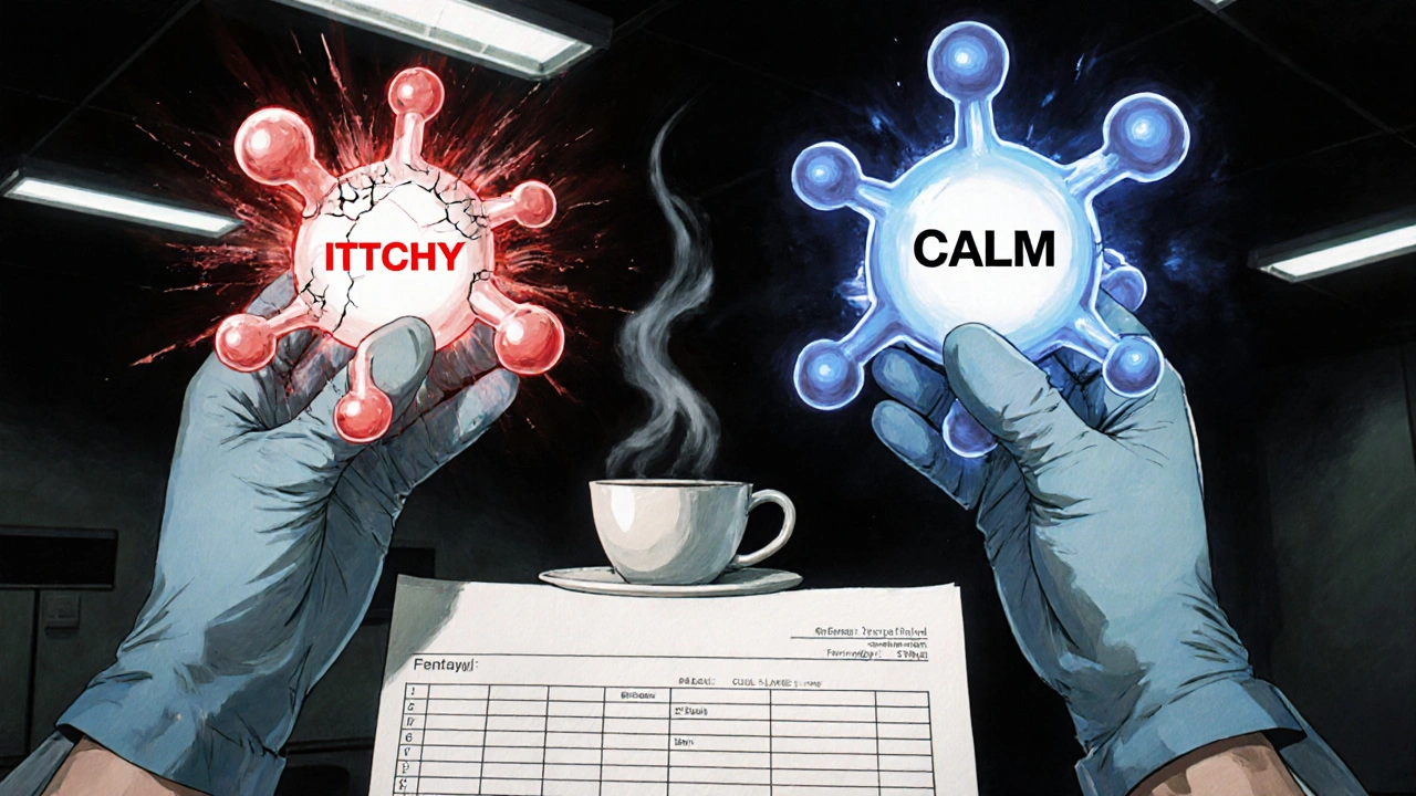 Side-by-side molecular comparison of morphine releasing histamine versus fentanyl with calm energy flow.