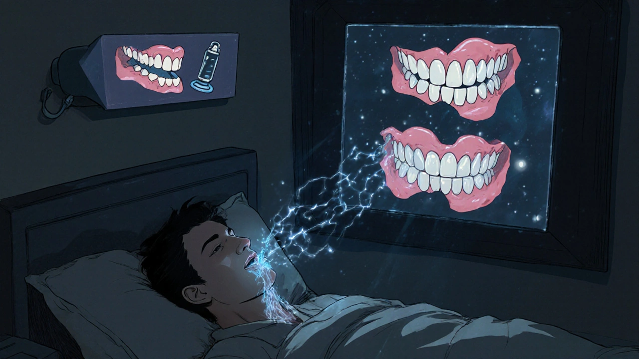 Sleeping man in bedroom with humidifier and floating saliva threads showing dental health realities.