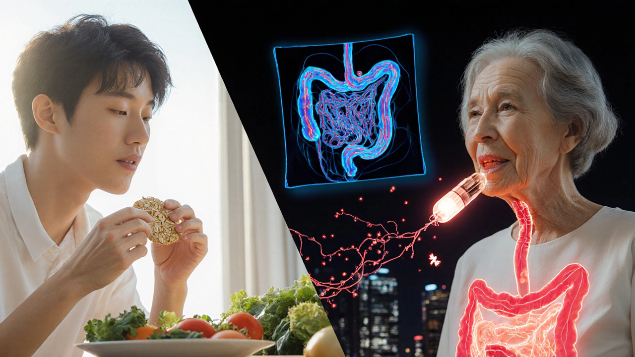 Split scene: healthy diet on one side, capsule endoscope traveling through intestines with AI-detected lesions.
