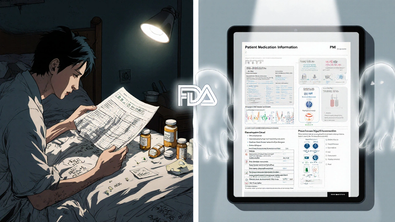 Split scene: messy room with paper guide vs. clean digital PMI interface, symbolizing medication safety evolution.