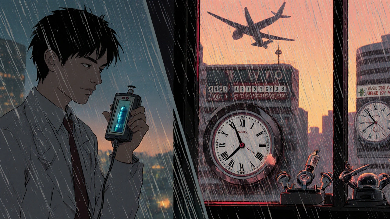 Split scene of a traveler adjusting insulin doses during eastbound and westbound flights, with clocks and medical devices in a cyberpunk cityscape.