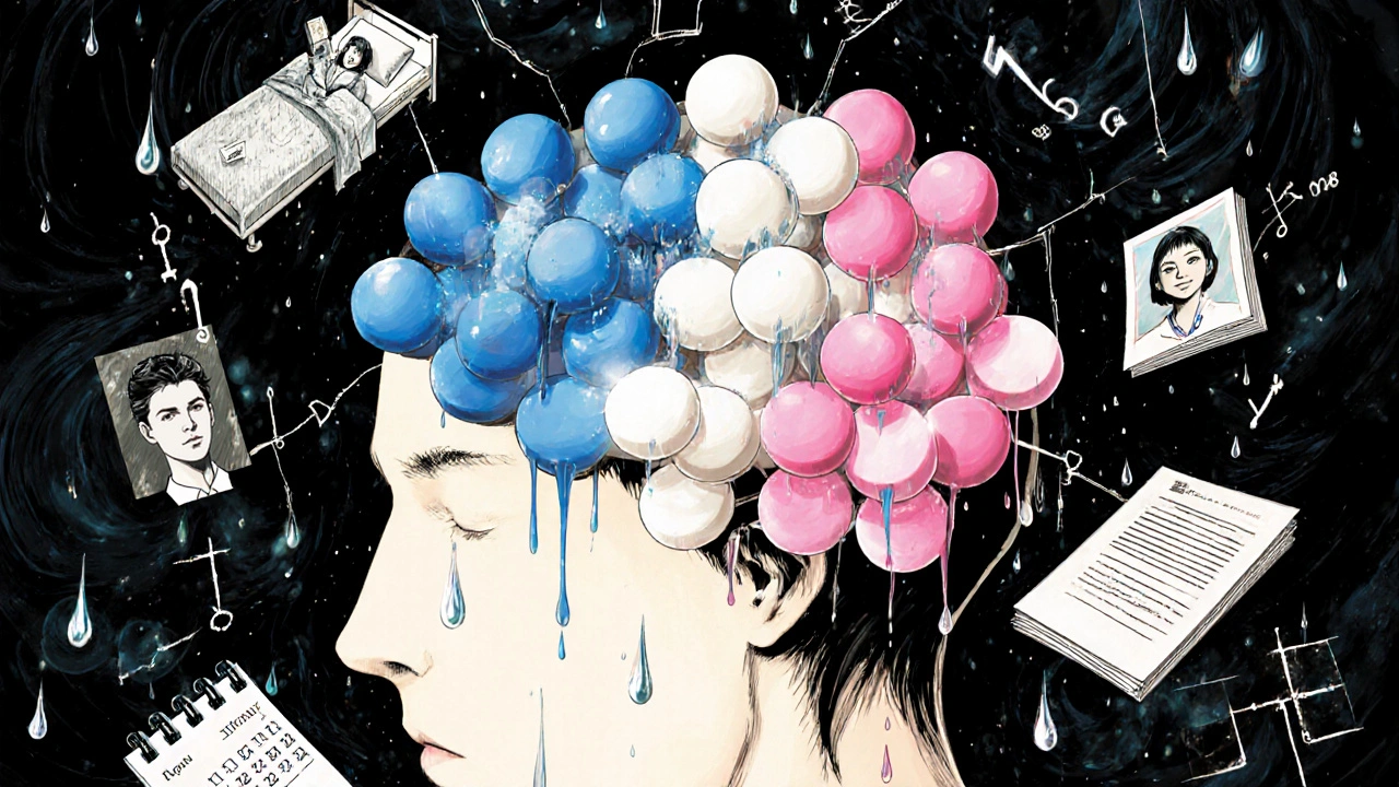 Surreal mental collage of changing pills, bioequivalence symbols, and fractured memories in gritty anime style.