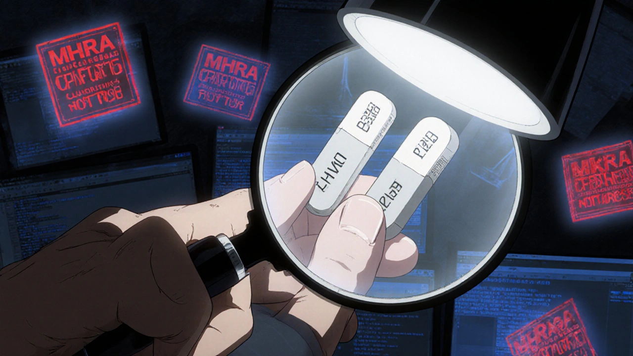 Two pills side by side — one authentic, one fake — under a magnifying lamp with digital warnings in background.