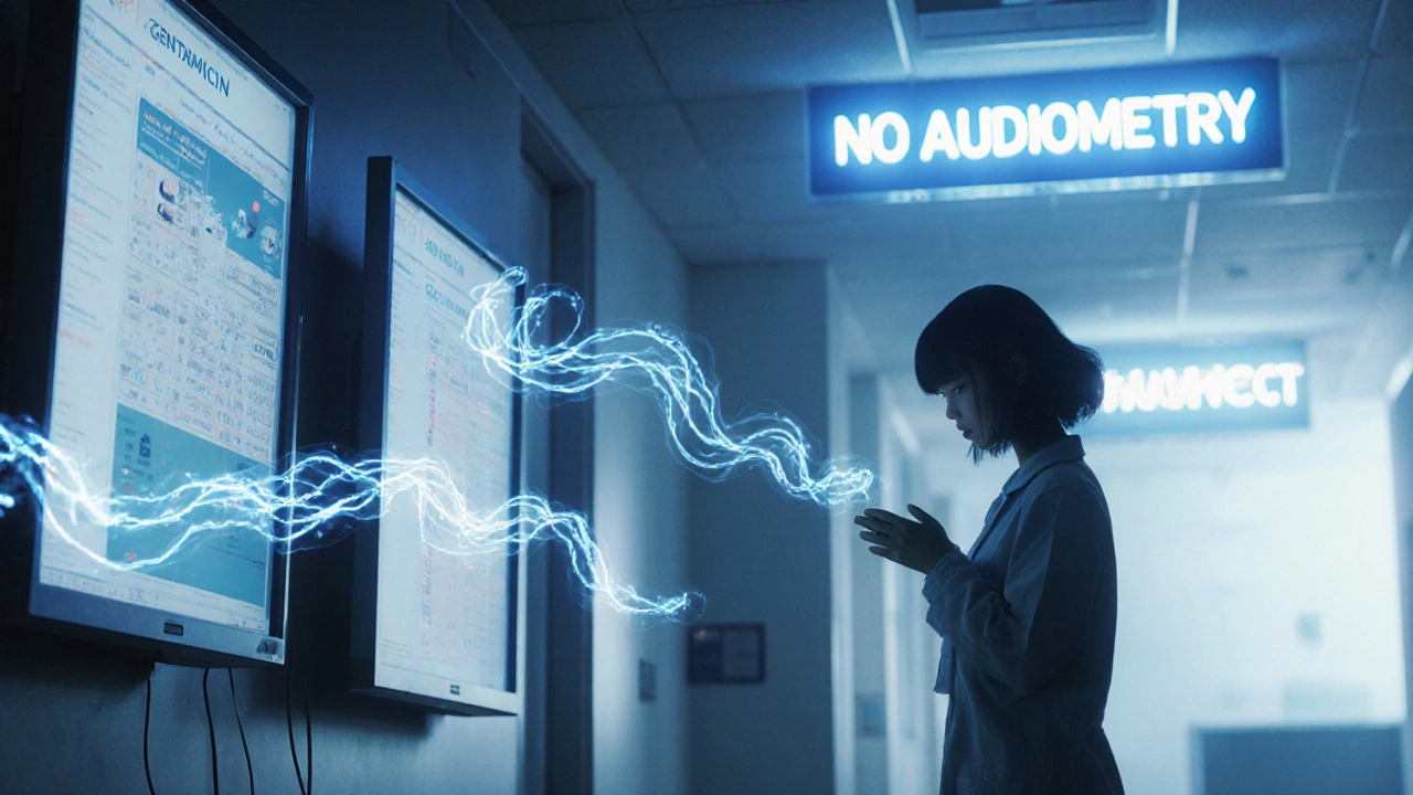 Woman in hospital corridor with ghostly balance cells fading, surrounded by medical monitors showing failed tests.