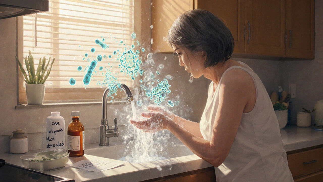 Woman washing hands with soap, antibiotic bottle on counter, sunlight streaming in, spores dissolving in water.