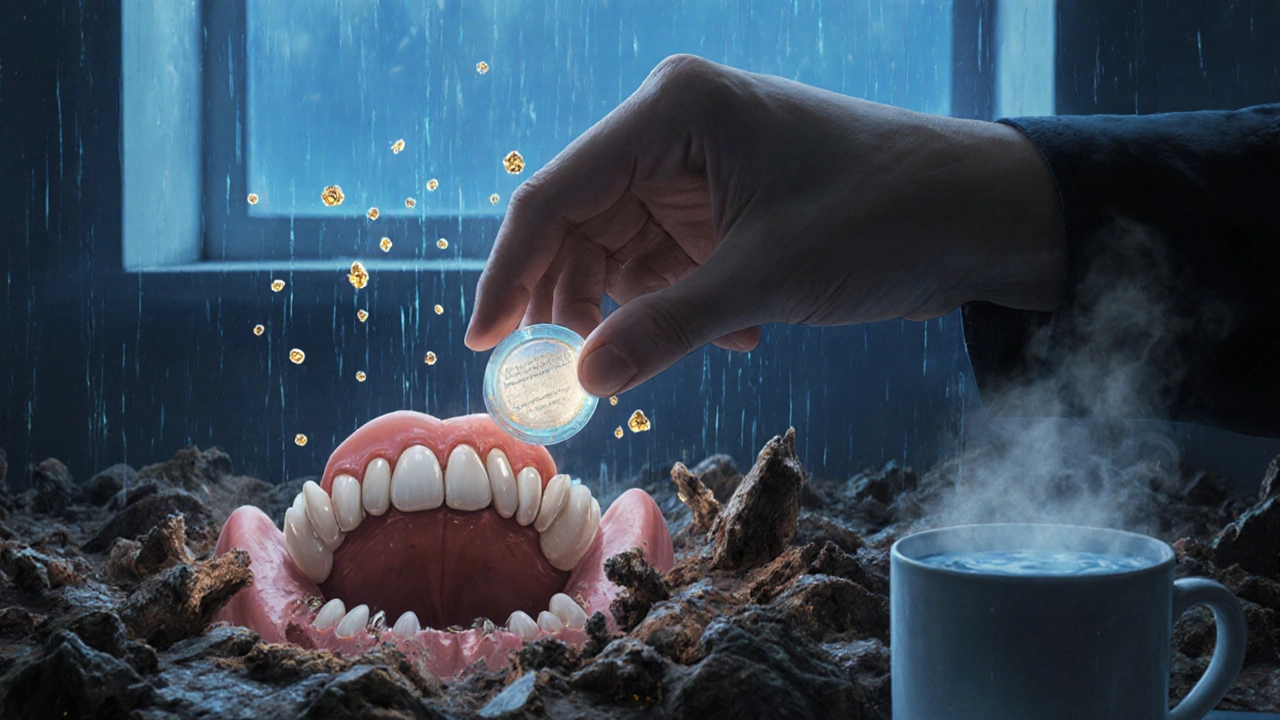 XyliMelt disc on gum with glowing xylitol crystals and crumbling tooth landscape in background.