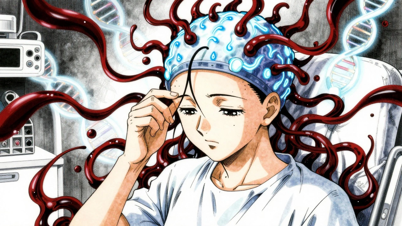 A chemotherapy patient wears a cooling cap as new hair grows, chemical tendrils blocked from follicles.