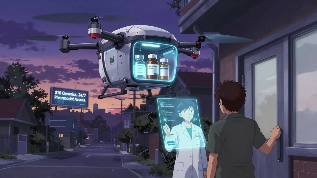 A delivery drone drops off generic meds as a holographic pharmacist explains dosage to a patient on their doorstep.