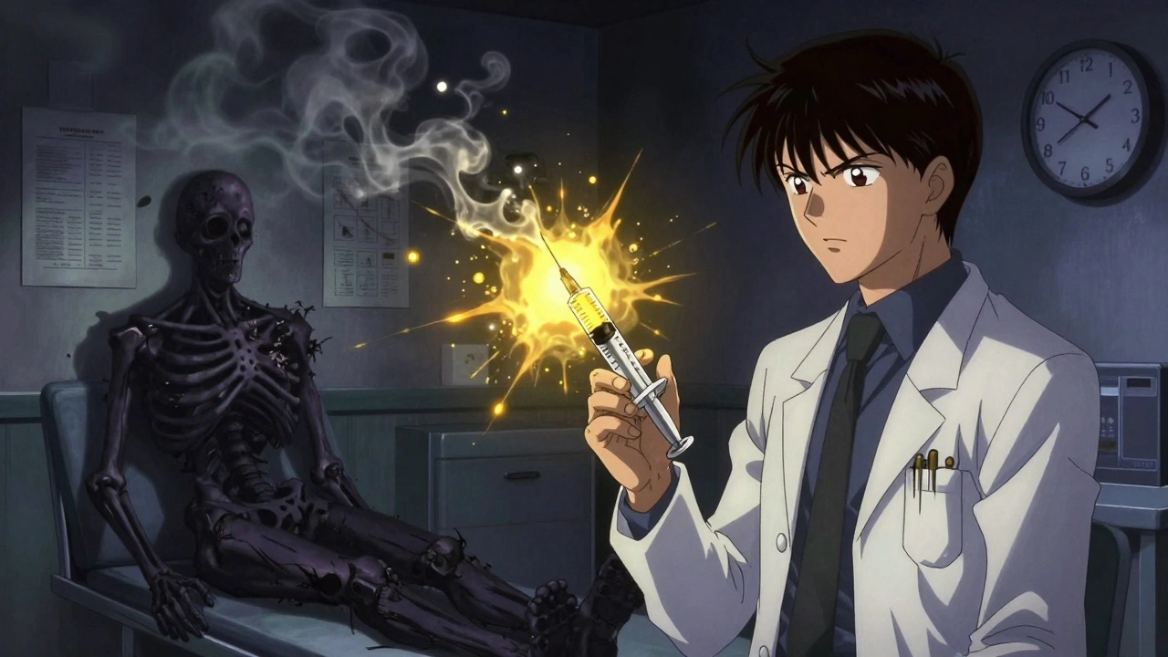 A doctor administering a steroid injection as toxic particles spread, the patient's shadow transforming into a skeletal figure.