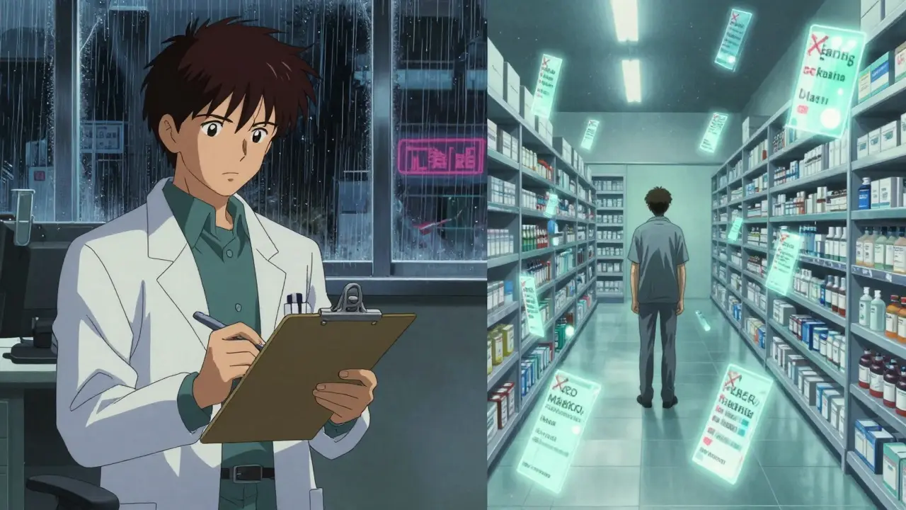 A doctor writing a medical exception as brand-name drugs fade away in a deserted pharmacy.