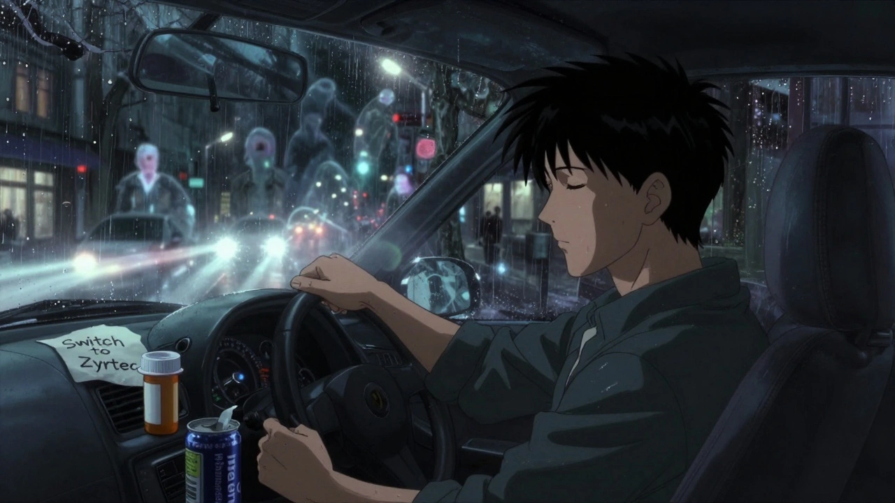 A driver dozing at the wheel with pill bottles visible, city lights blurring in fog.