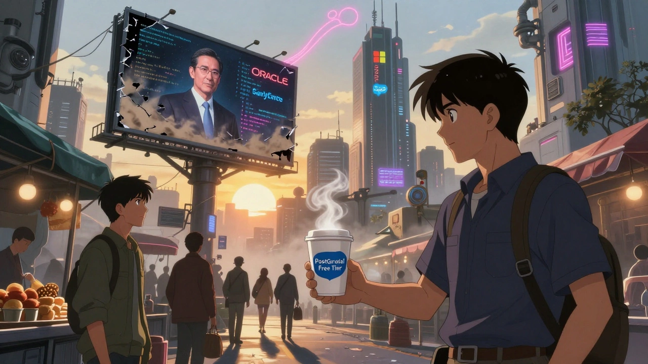 A futuristic marketplace where a vendor offers free open-source software as corporate logos crumble in the background.