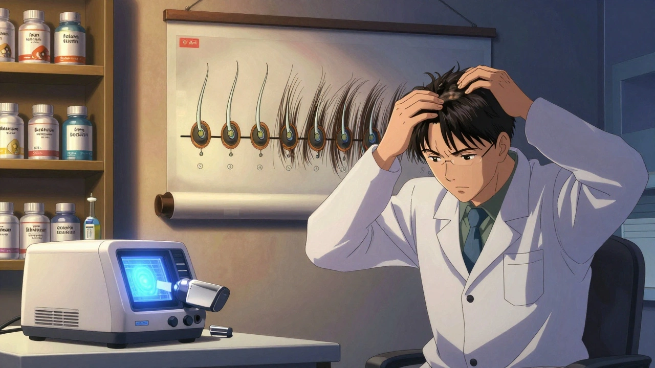 A man applies minoxidil as a mechanical timeline shows hair regrowth in a detailed anime office scene.