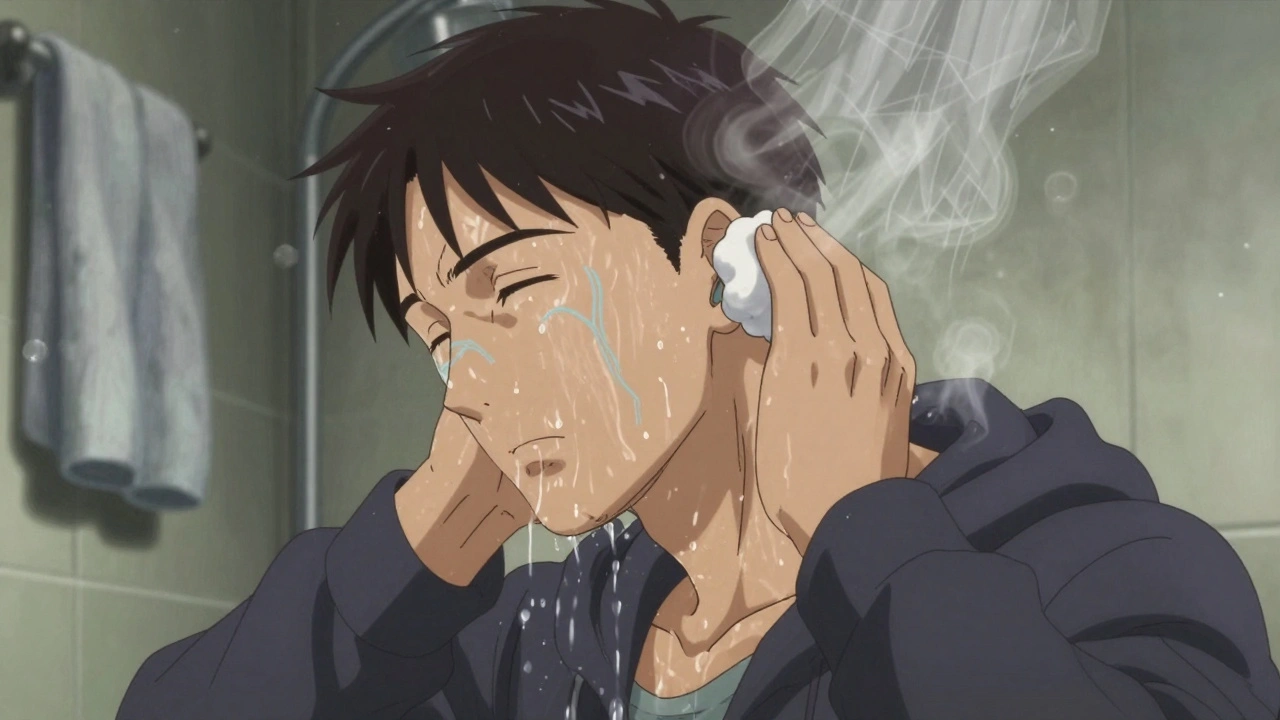 A man protecting his ear in the shower with a cotton ball and petroleum jelly, water streaming nearby.