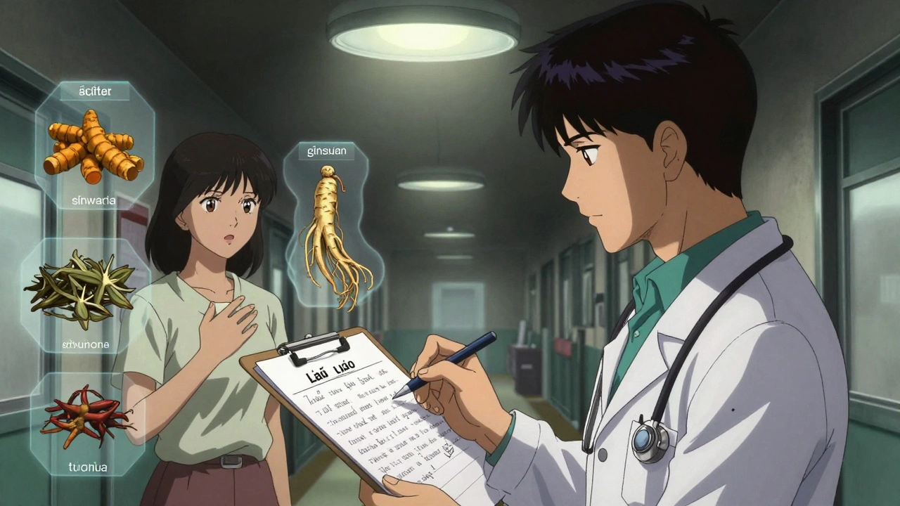 A medical interpreter translates a Lao medication list while a woman watches, ghostly herbal remedies floating around them in a hospital corridor.