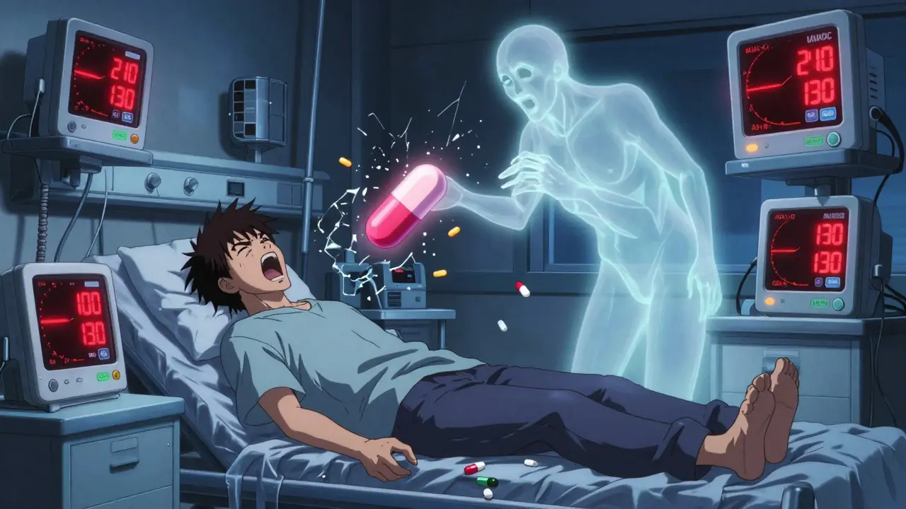 A patient in a hospital room with exploding blood pressure monitors and clashing medication pills in mid-air.