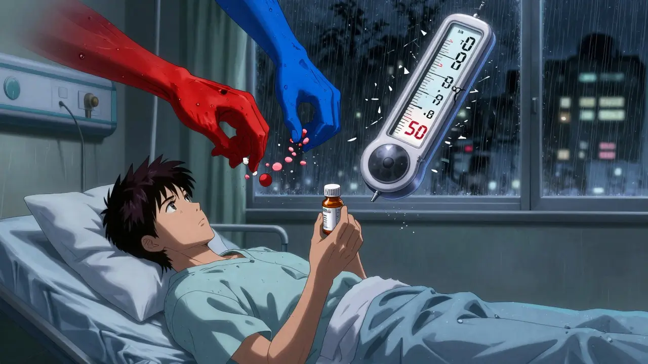 A patient in bed with warfarin and ibuprofen pills, spectral forces destroying clotting factors and platelets above them.