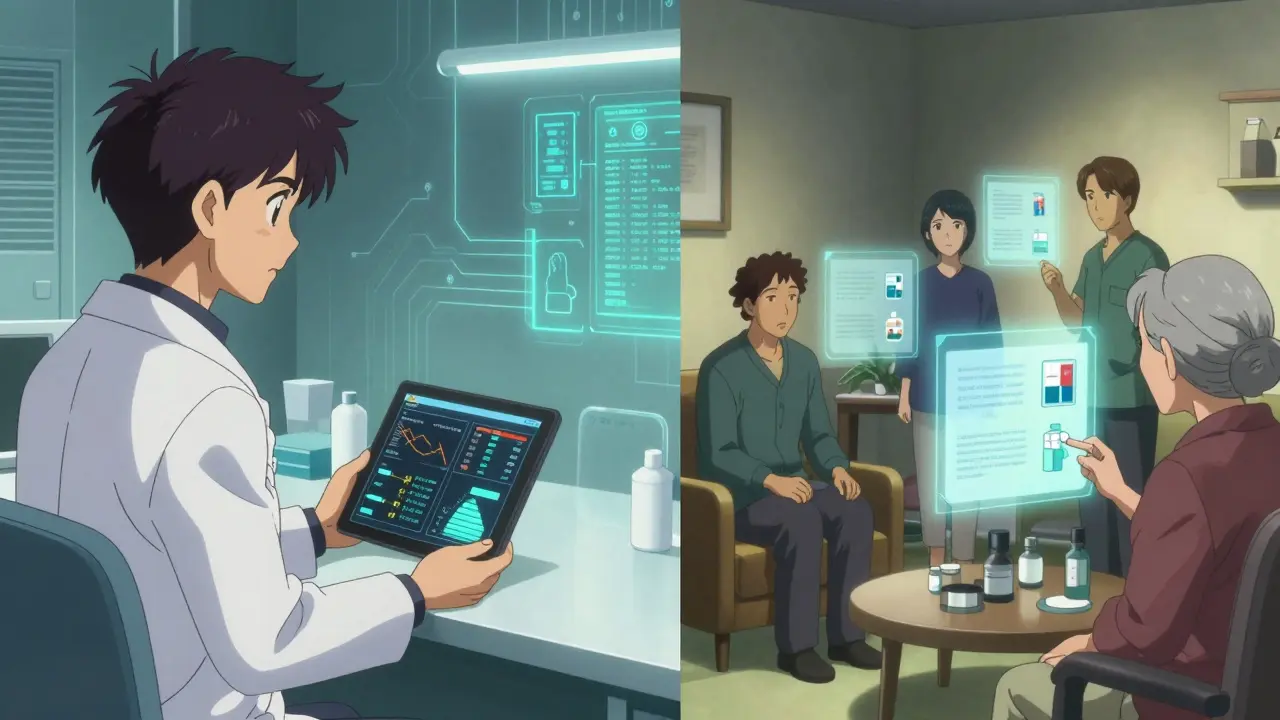 A pharmacist and patients receiving personalized generic medication advice through digital screens in their homes.