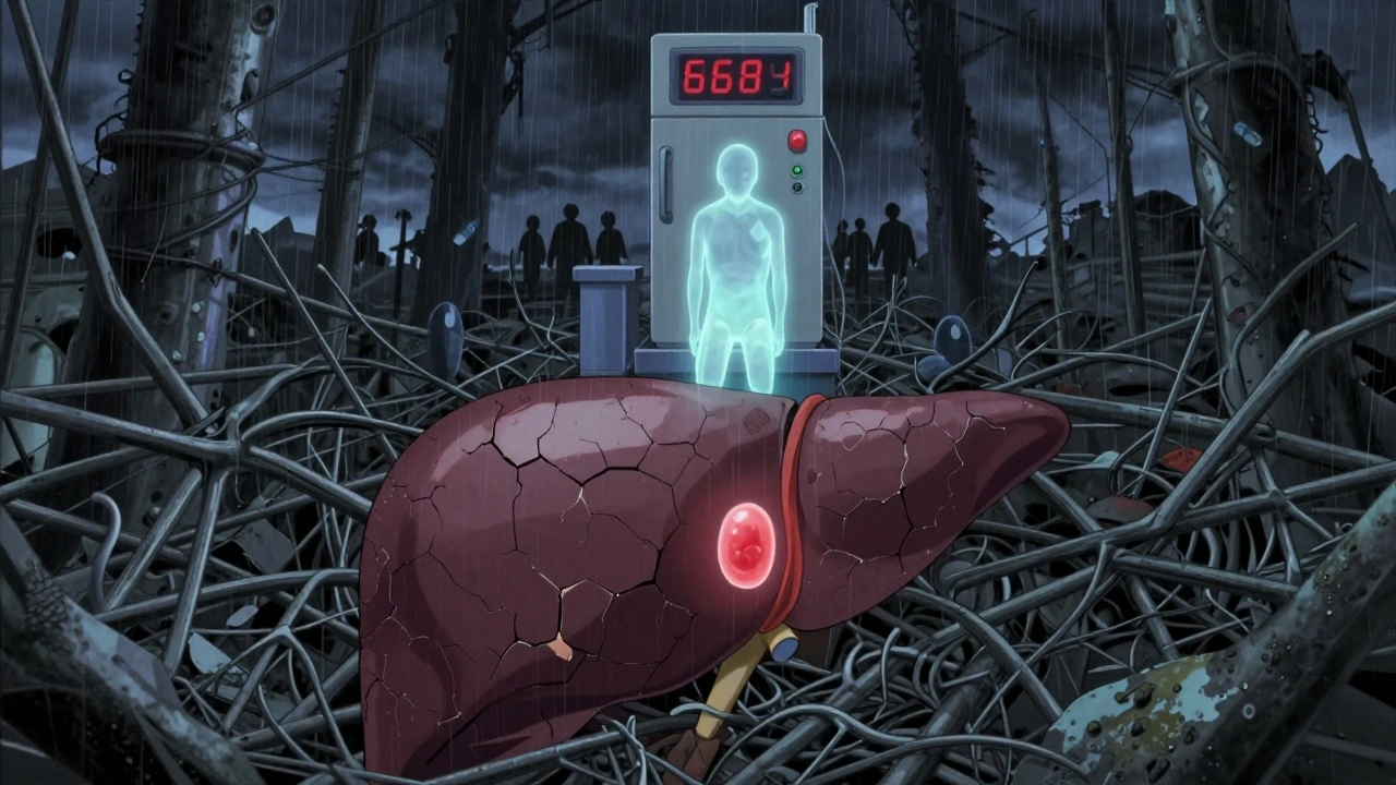 A scarred liver wasteland with a faint healthy cell and a sobriety countdown, symbolizing hope after cirrhosis.