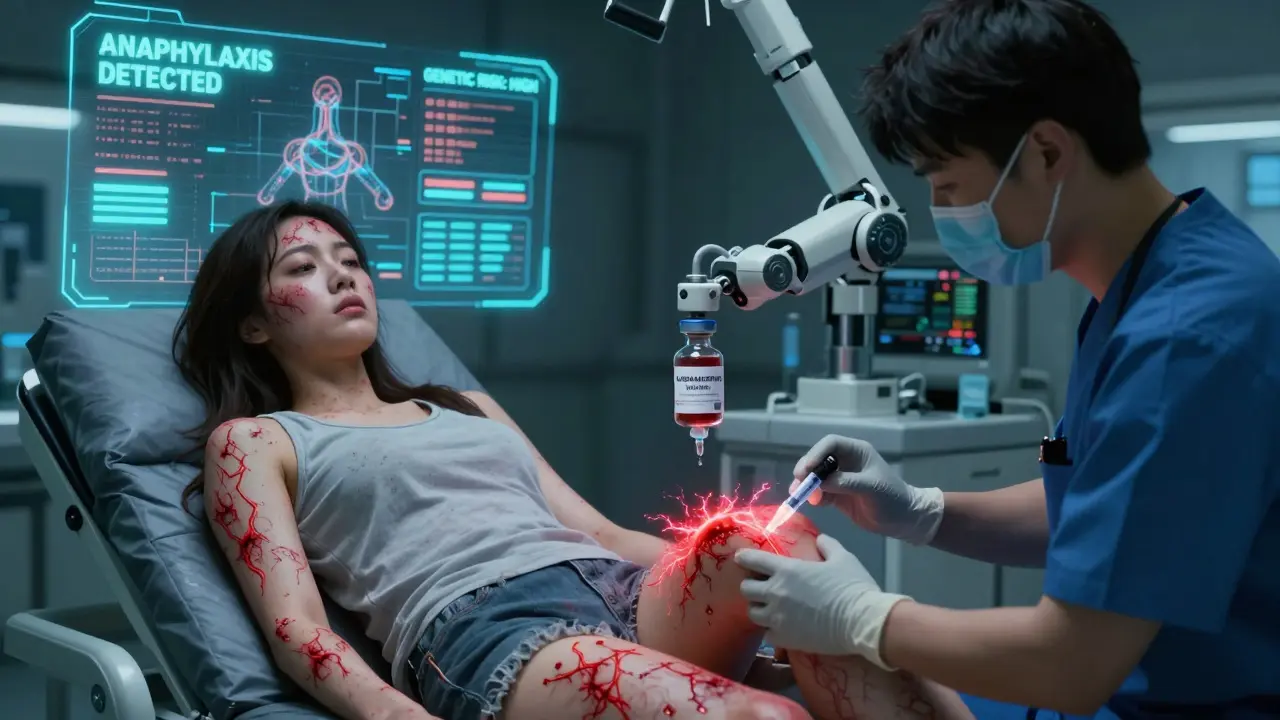 A woman in emergency room with glowing hives, paramedic administering injection, holographic warnings.