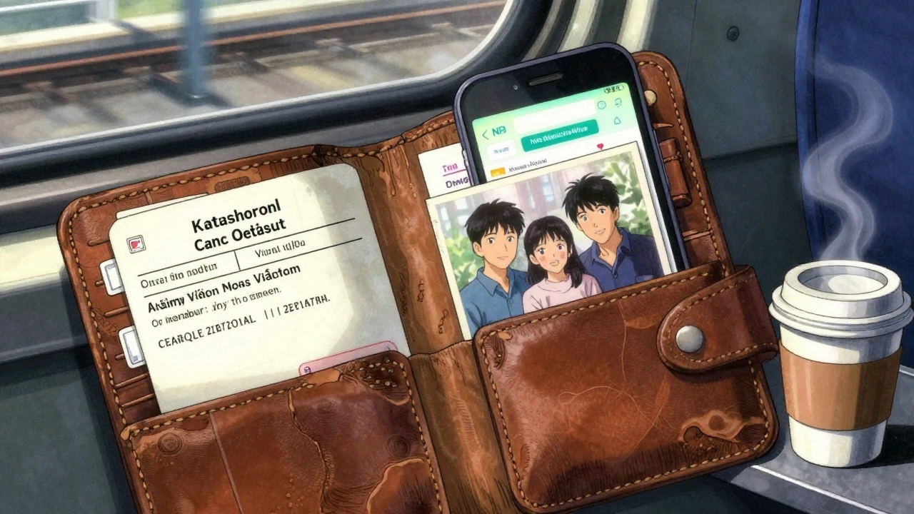 A worn wallet opens to reveal English and Vietnamese medication lists beside a glowing phone app, lit by subway light.