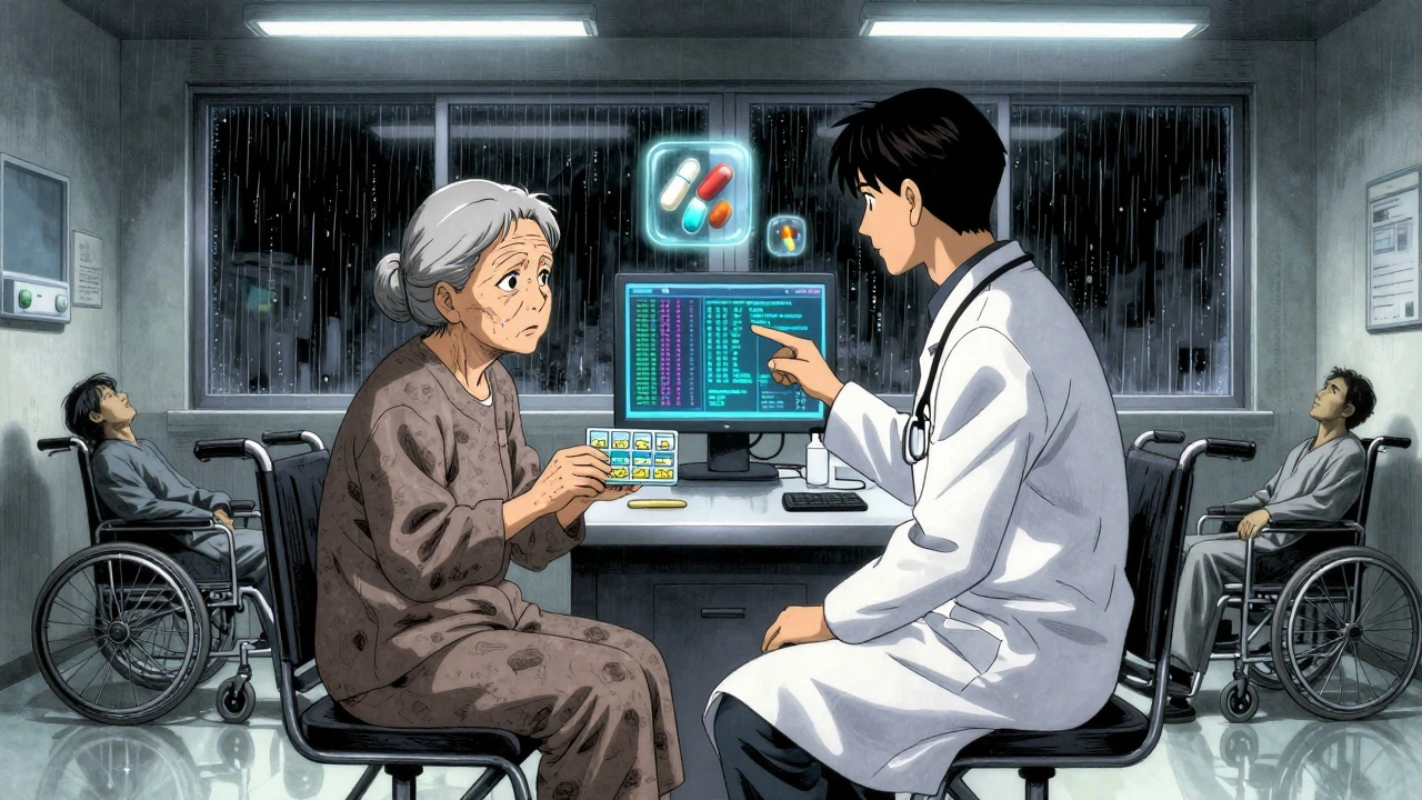 An elderly patient and doctor reviewing drug interactions in a clinical setting.
