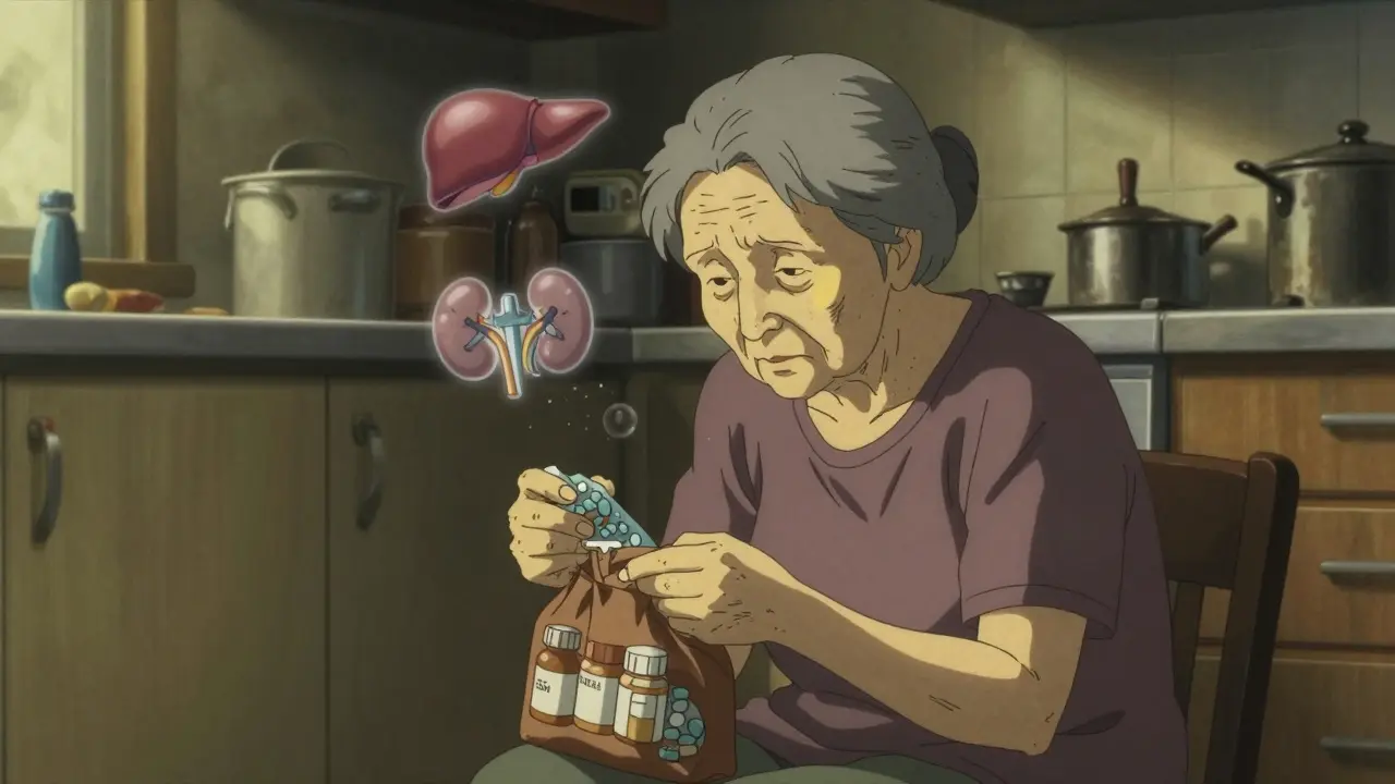 An elderly woman in a dim kitchen holding a brown bag of pills, jaundiced skin, floating organ icons.