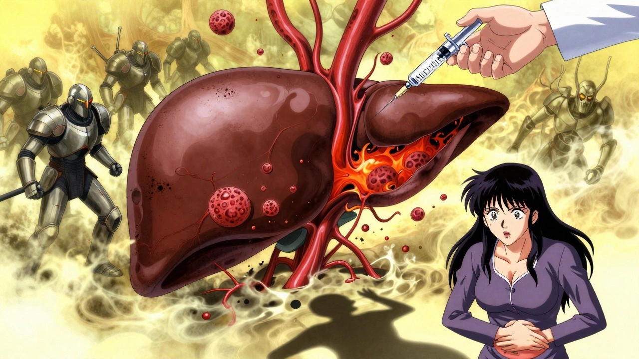 An inflamed liver in collapse with warrior immune cells and jaundiced haze, a doctor administering treatment.