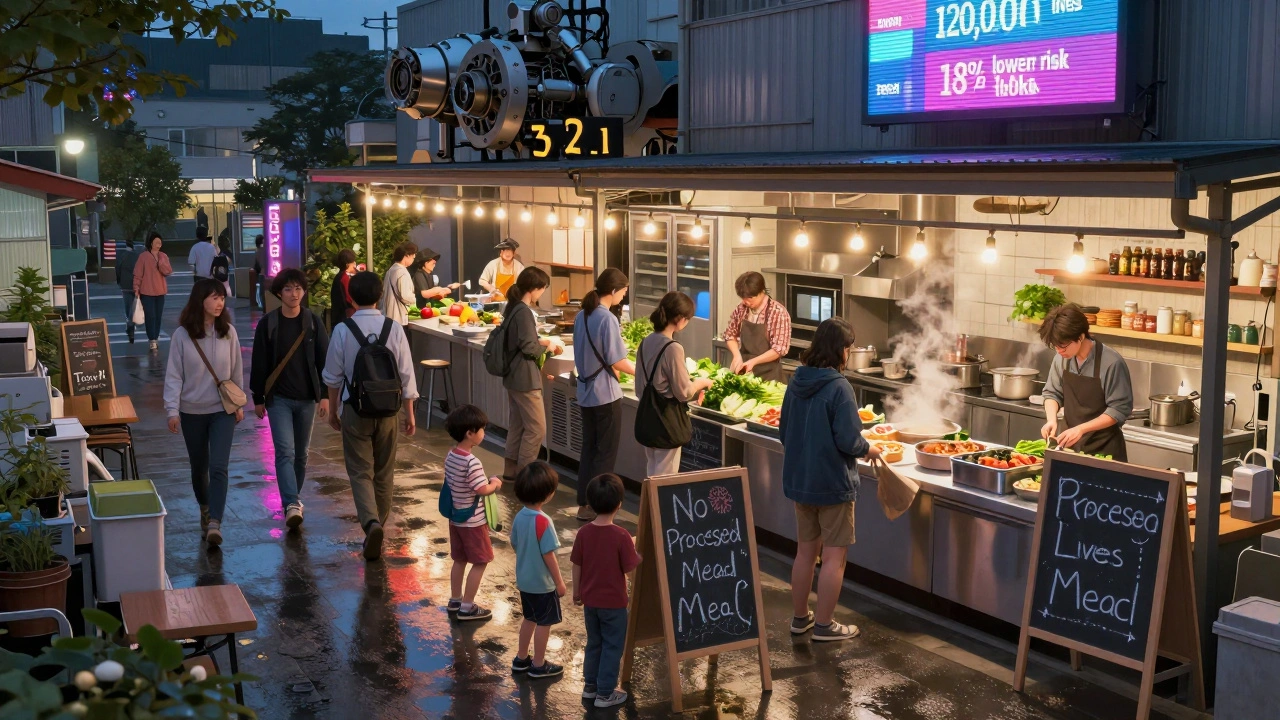 Community center at dusk with people walking, cooking vegetables, and displaying health messages under neon lights.