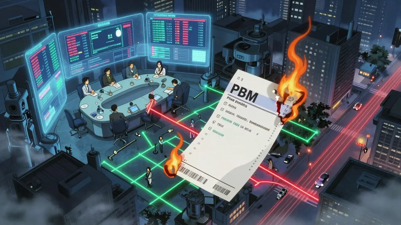 Corporate executives watch drug cost savings on holograms while patient transitions pulse through a city.