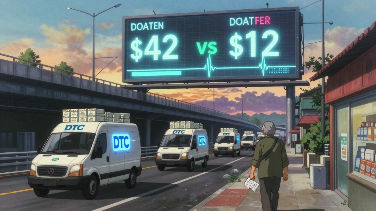 Delivery vans race along a highway at dawn, while an elderly man walks past a traditional pharmacy under a price-comparison hologram.