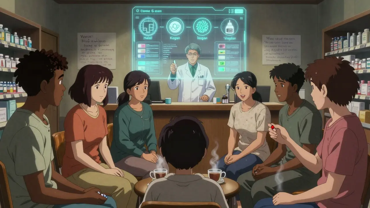 Diverse patients and a pharmacist view a holographic cultural excipient chart in a community pharmacy.