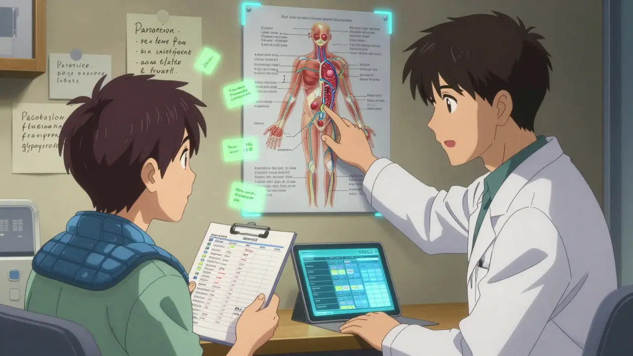 Doctor and patient discussing antidepressant side effects with anatomical diagrams and medical notes in the background.