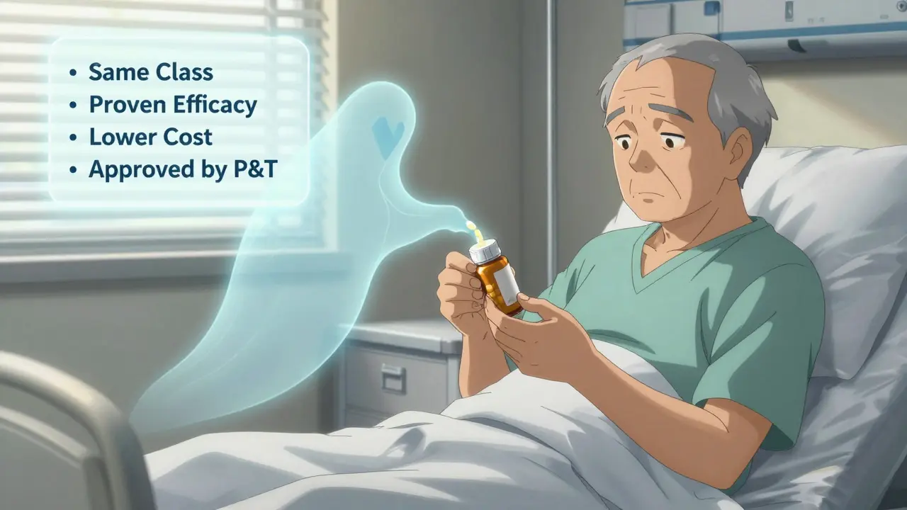 Elderly patient holding a new pill bottle as a ghost image of the old one fades away in a hospital room.